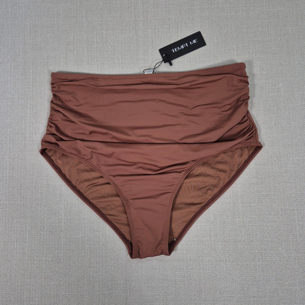 Tempt Me Women Brown High Waisted Ruched Tummy Control Bikini Bottom XL NWT